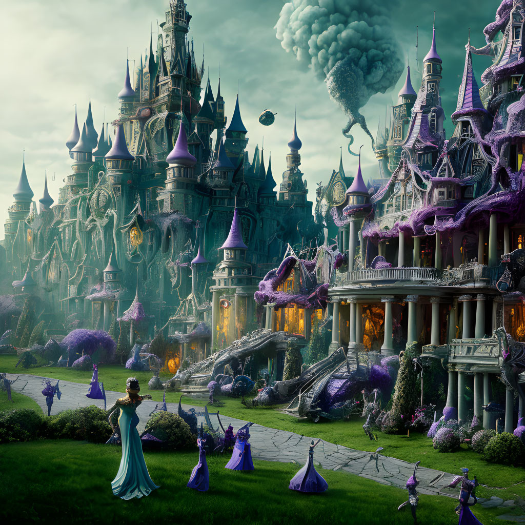 Majestic castle and regal characters in enchanting fantasy landscape