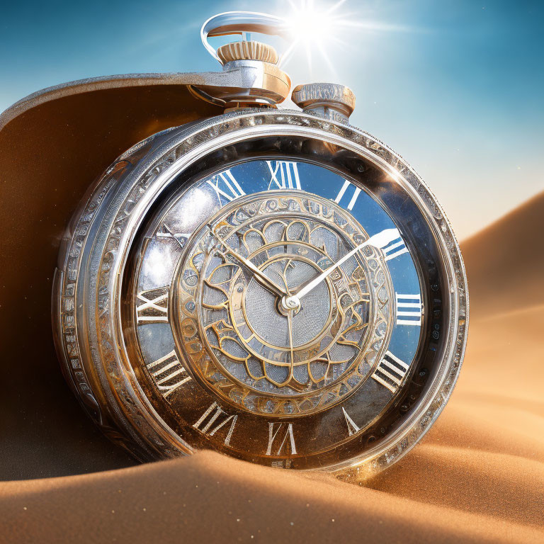 Antique Pocket Watch in Sand Dunes with Sun Glare