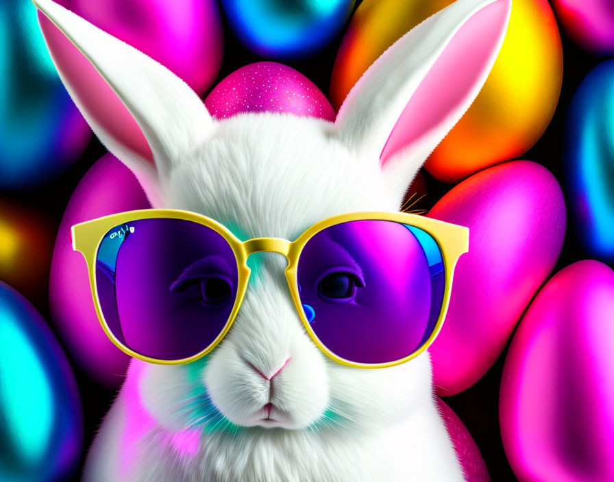 Stylized white rabbit with oversized sunglasses and colorful Easter eggs