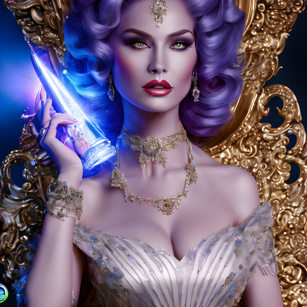 Detailed Illustration of Woman with Violet Hair and Crystal Dagger