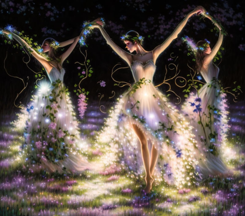 Three ethereal women dancing in glowing, flowery dresses in an enchanted garden at night.