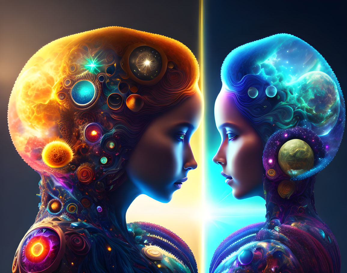 Artistic humanoid faces with cosmic elements facing each other on dark background