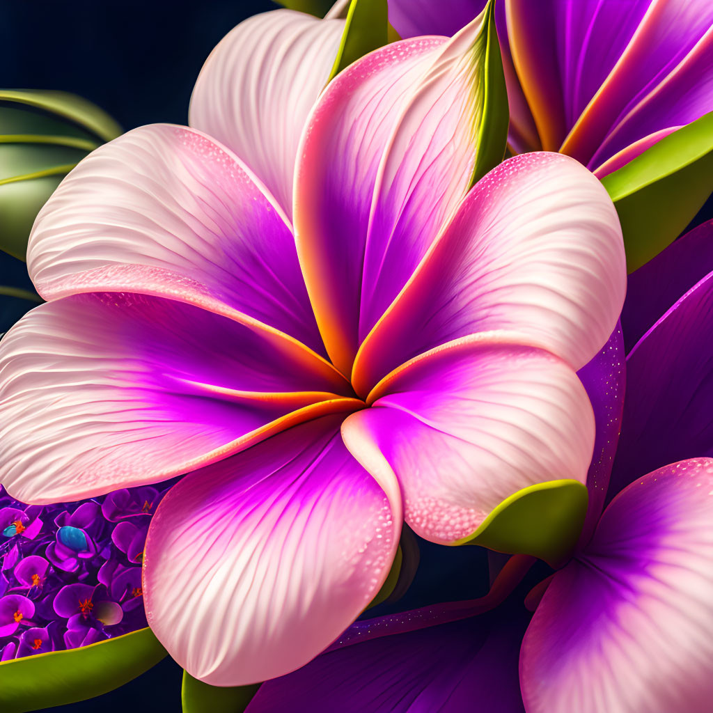 Detailed digital artwork of pink plumeria flower with dewdrops and purple foliage.