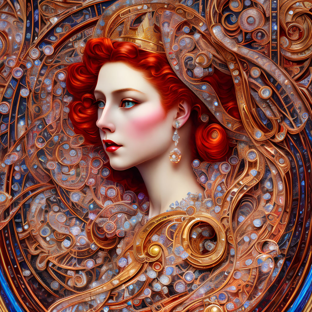 Digital Art Portrait of Woman with Red Hair and Golden Filigree Crown