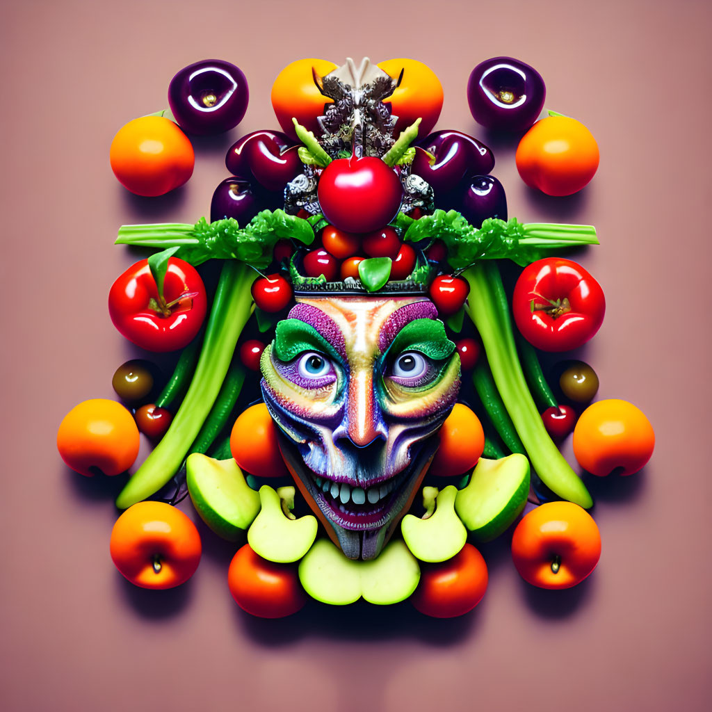 Colorful Vegetable and Fruit Face Art on Warm Background