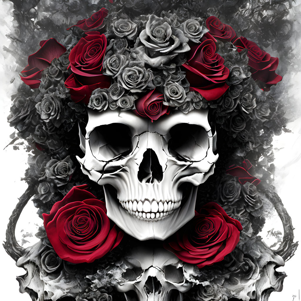 Detailed Monochromatic Skull with Black Foliage and Red Roses