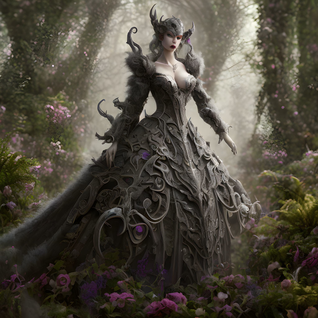 Elaborate gothic dress with horns in mystical garden