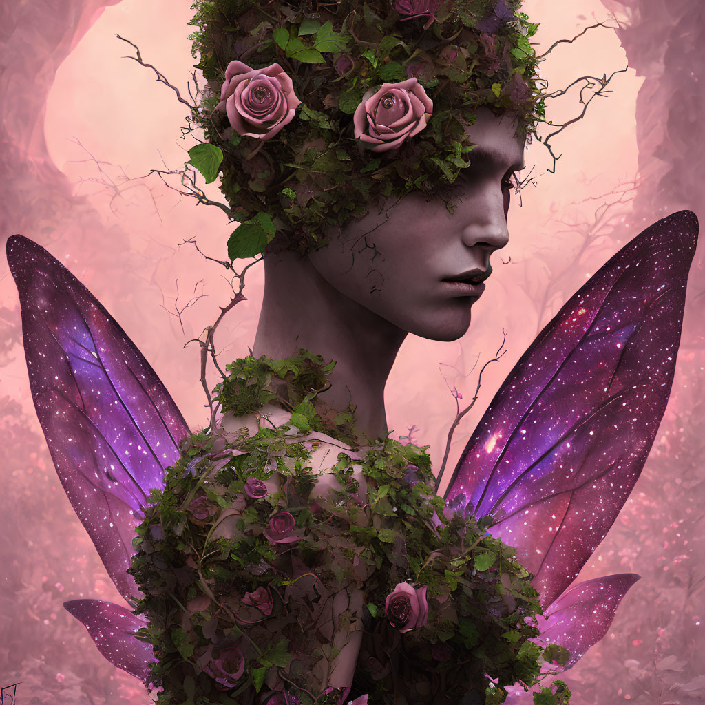 Mystical fairy with purple wings in pink forest setting