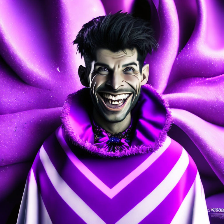Exaggerated facial features man smiling on purple chevron backdrop