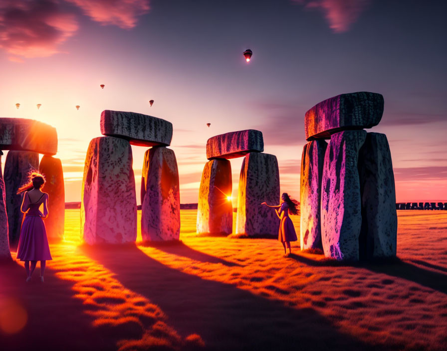 Fantastical Stonehenge scene with two people and hot air balloons at sunset