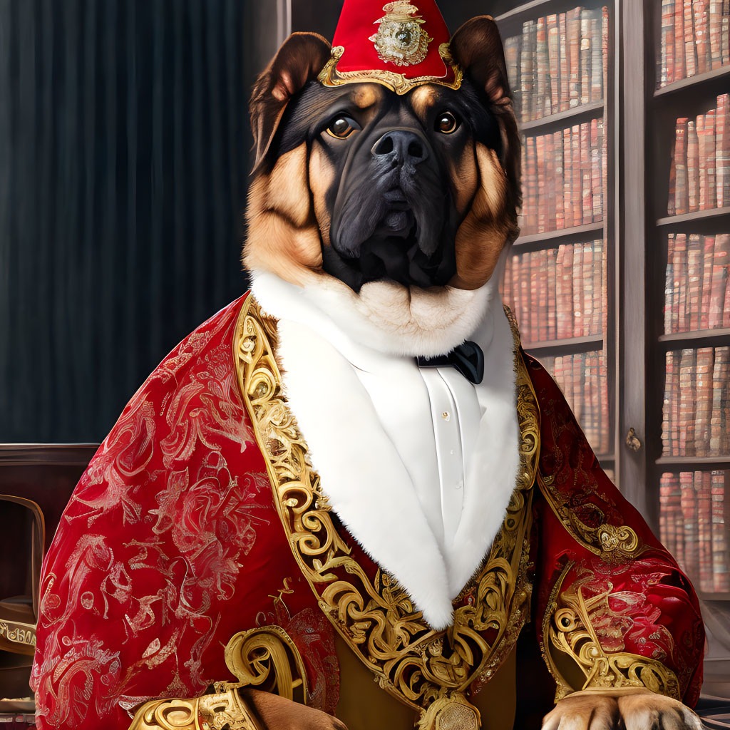 Digitally altered image: Dog in regal attire in library