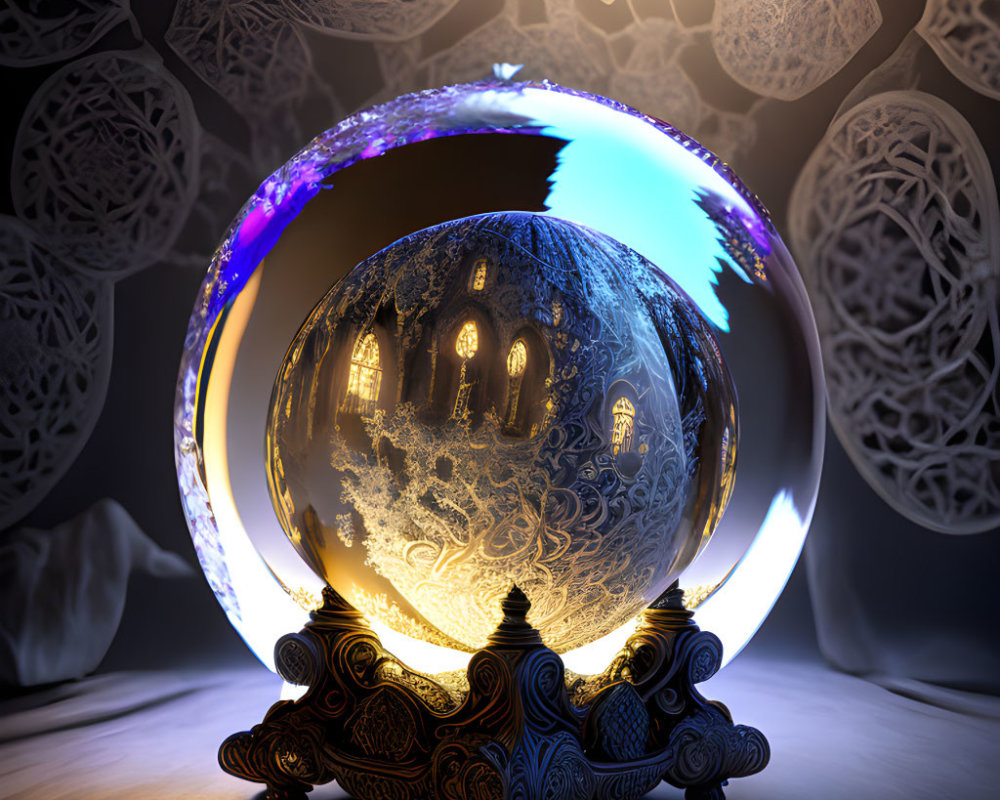 Glowing crystal ball on ornate stand reflects mysterious building against intricate white patterns and dark ambiance