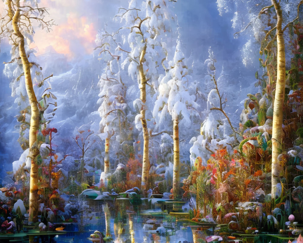 Snow-covered trees, serene pond, vibrant flora in a winter landscape