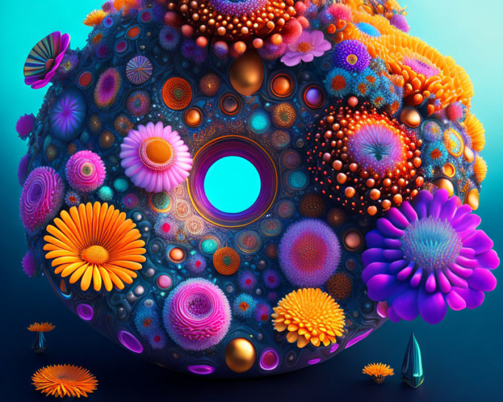 Colorful spherical object with intricate flower-like patterns on blue gradient background