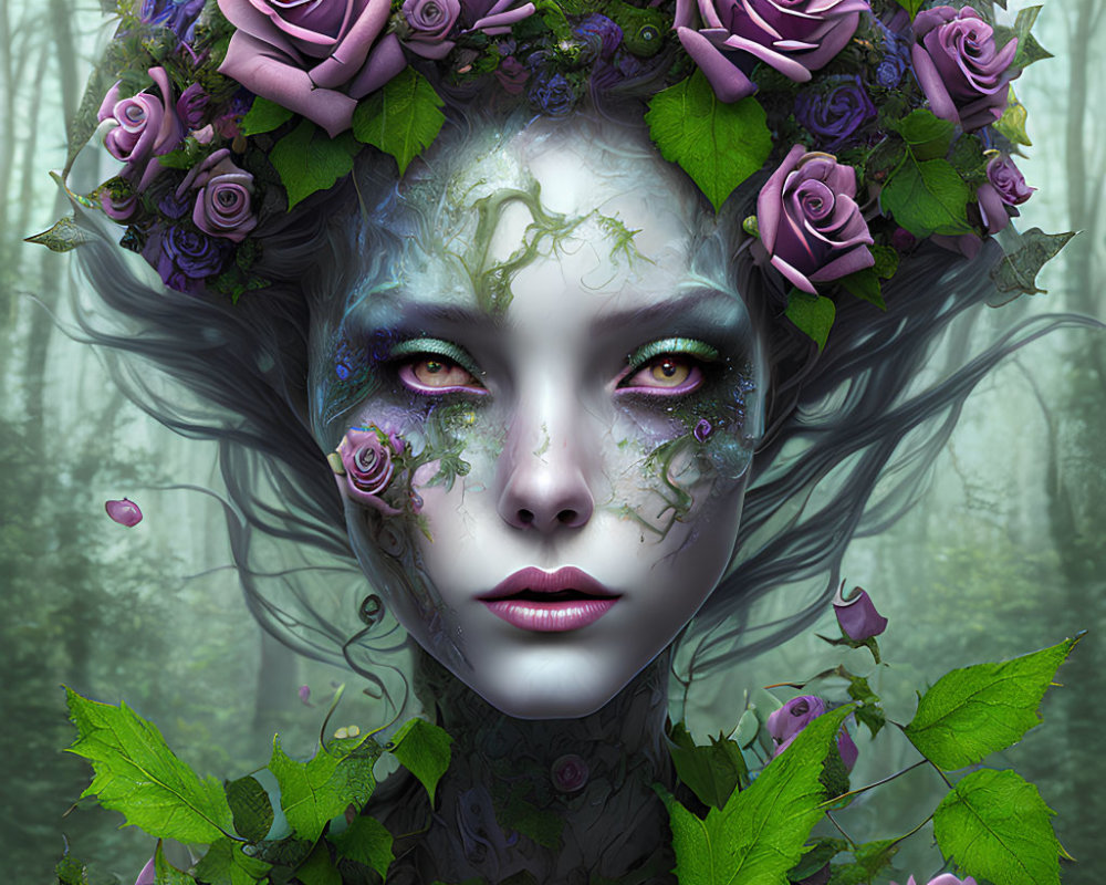 Fantasy portrait: Female figure with purple roses, green vine patterns, mystical forest.