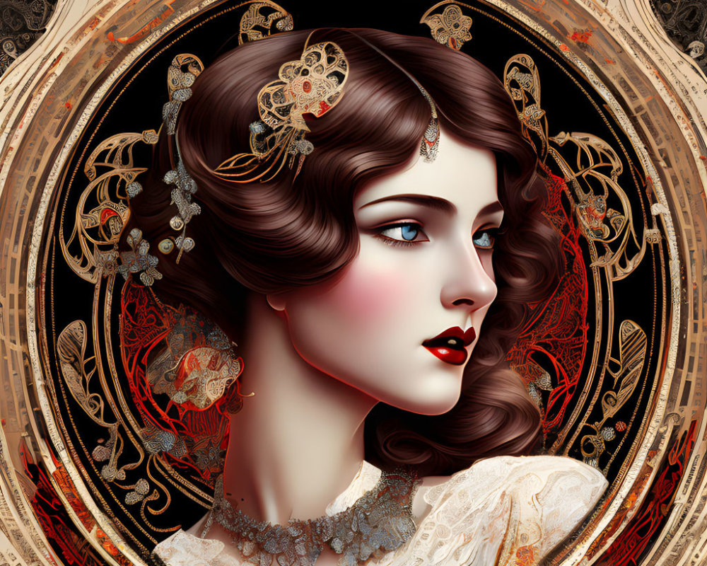 Classic Beauty Digital Artwork with Ornate Gold Details in Circular Frame