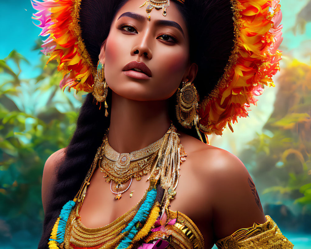 Elaborate headdress and jewelry on woman in warm tones and exotic feathers