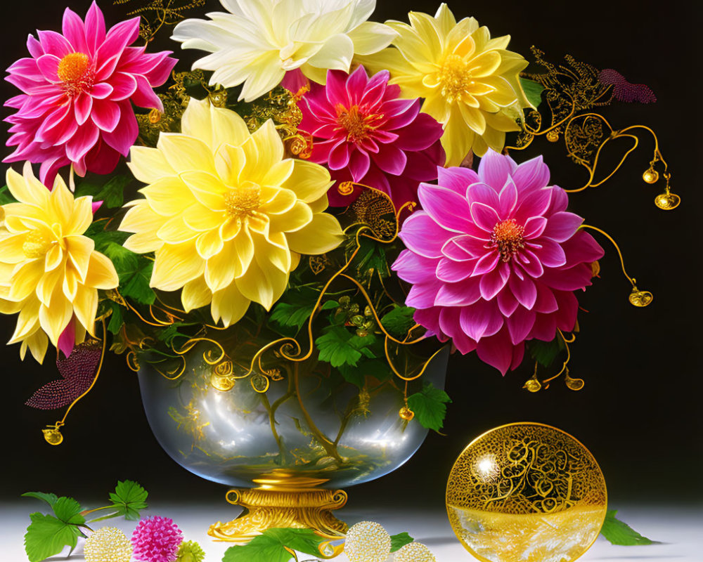 Colorful Pink and Yellow Dahlias in Glass Vase with Gold Filigree and Ornaments