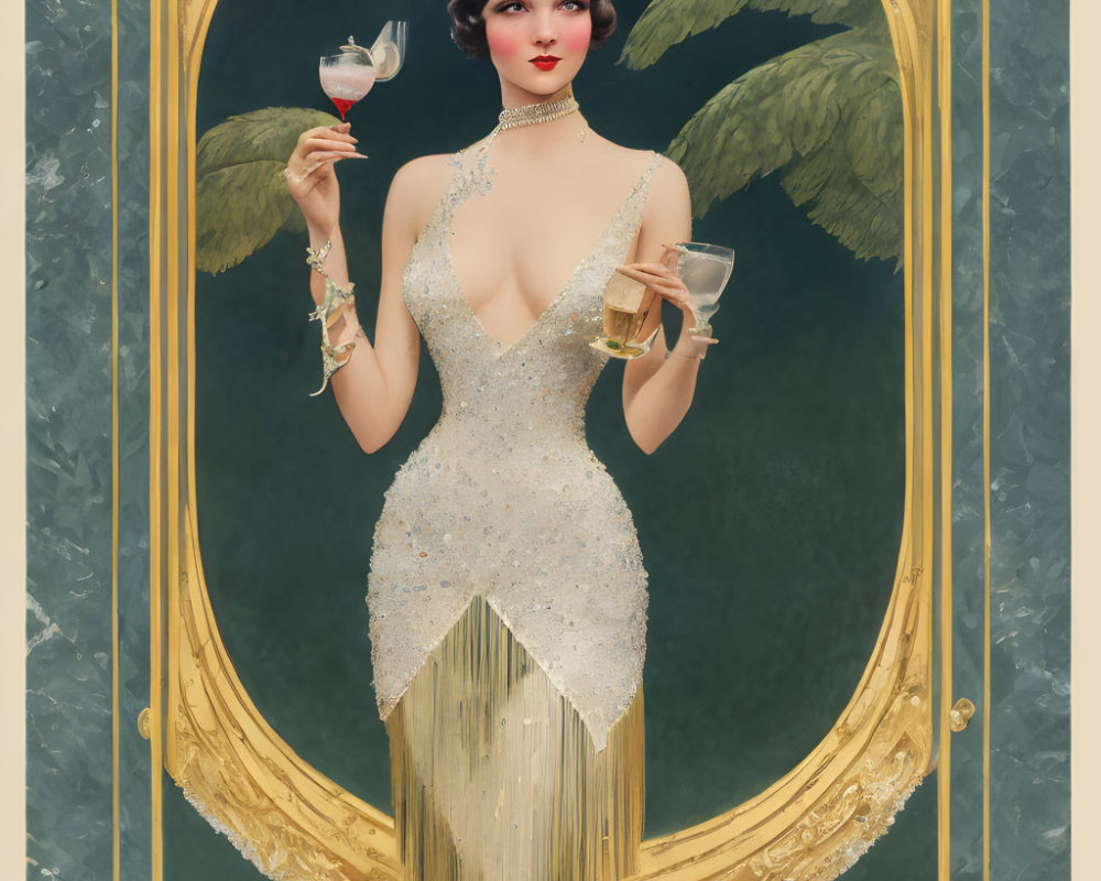 1920s Style Woman in Sparkling Flapper Dress with Martini Glasses