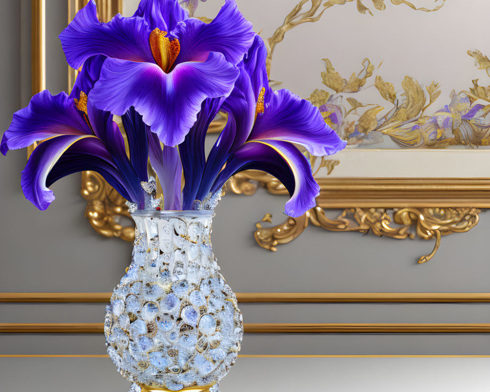 Purple Irises in Crystal Vase on Gold-Trimmed Floral Mirror