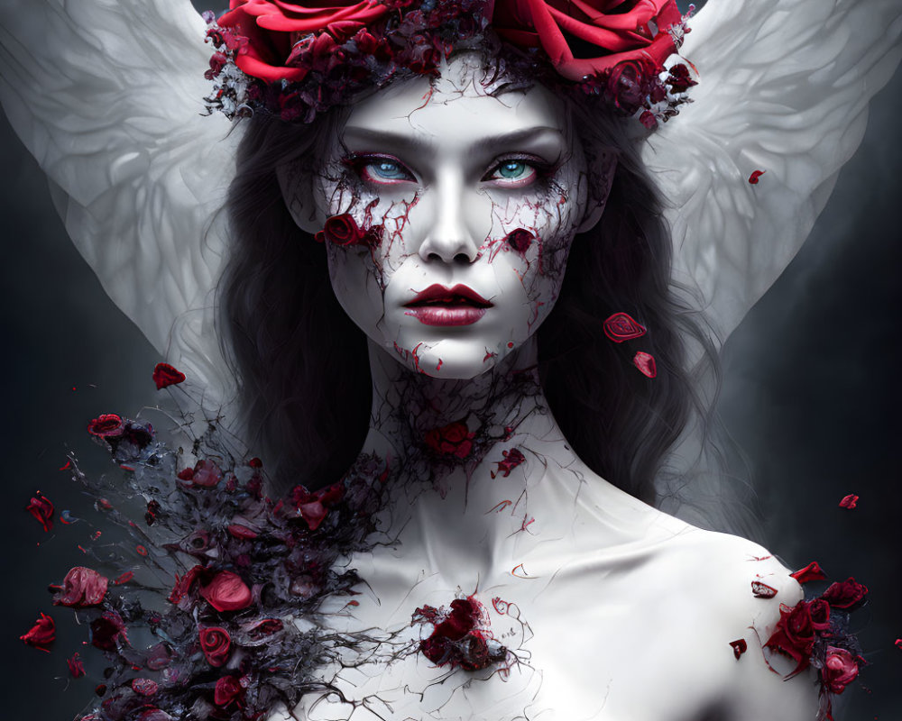 Fantasy-themed woman with pale skin, red roses, dramatic makeup, and ethereal wings on dark