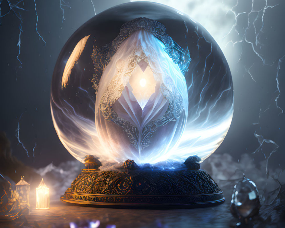 Intricate mystical crystal ball with lightning and lantern under stormy sky