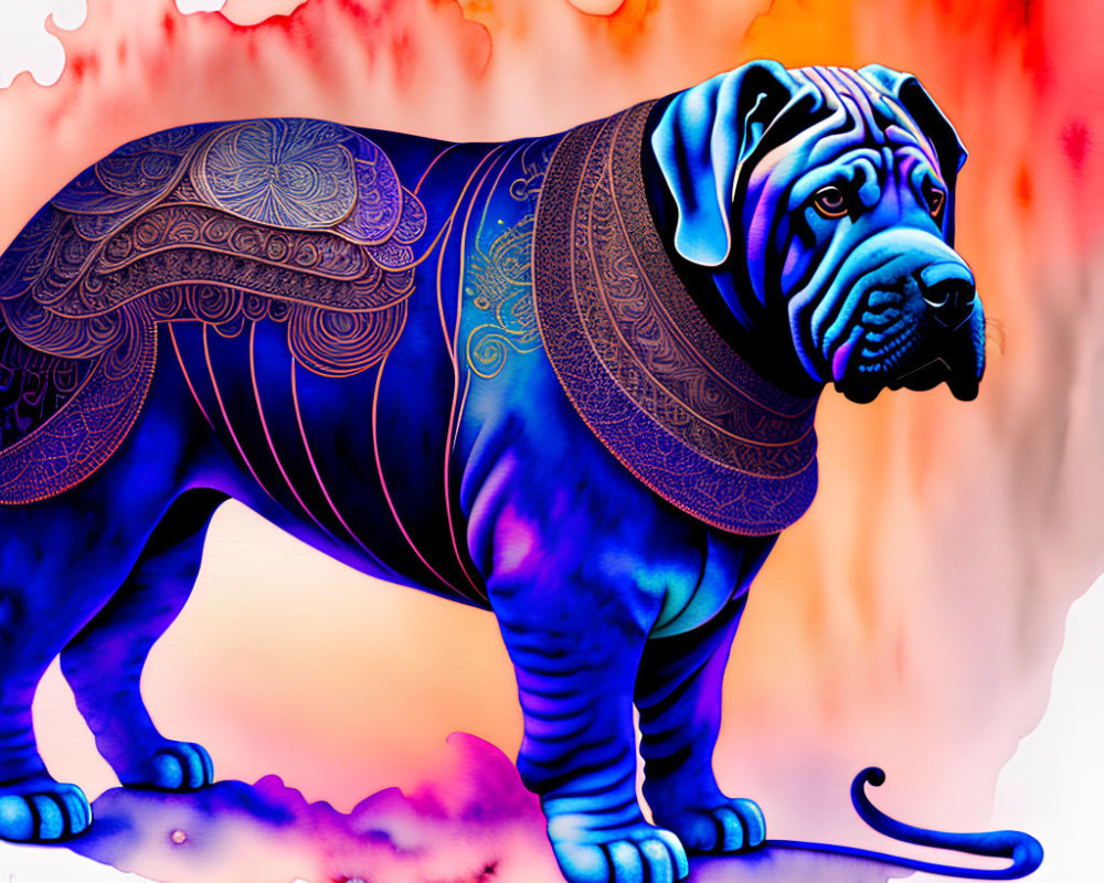 Colorful Bulldog Digital Artwork with Blue and Purple Patterns on Abstract Background