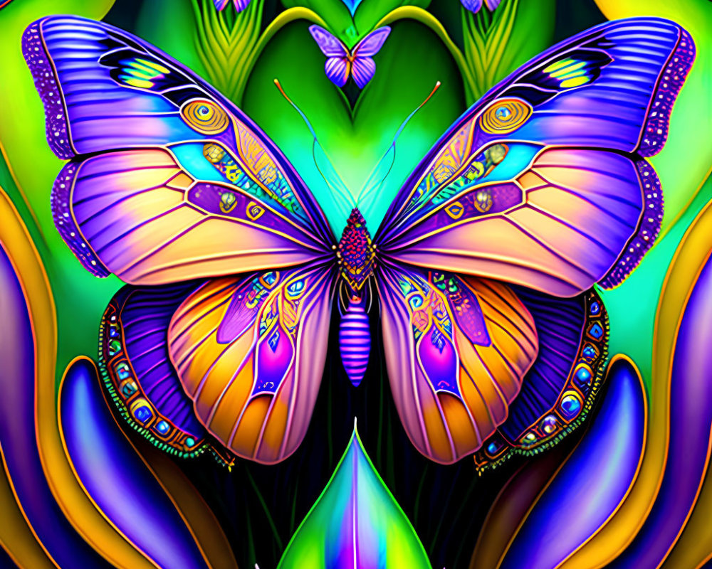 Symmetrical butterfly with intricate patterns and foliage in vibrant digital art