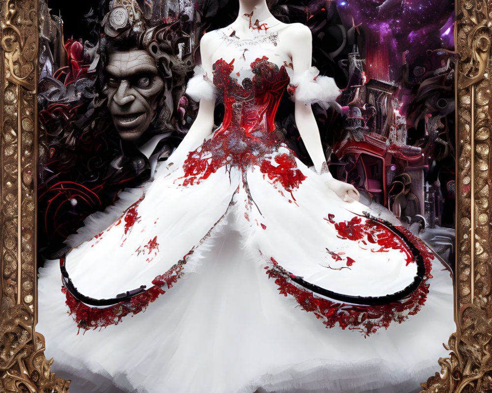 Fantasy artwork of woman in white and red gown with gothic and mystical elements