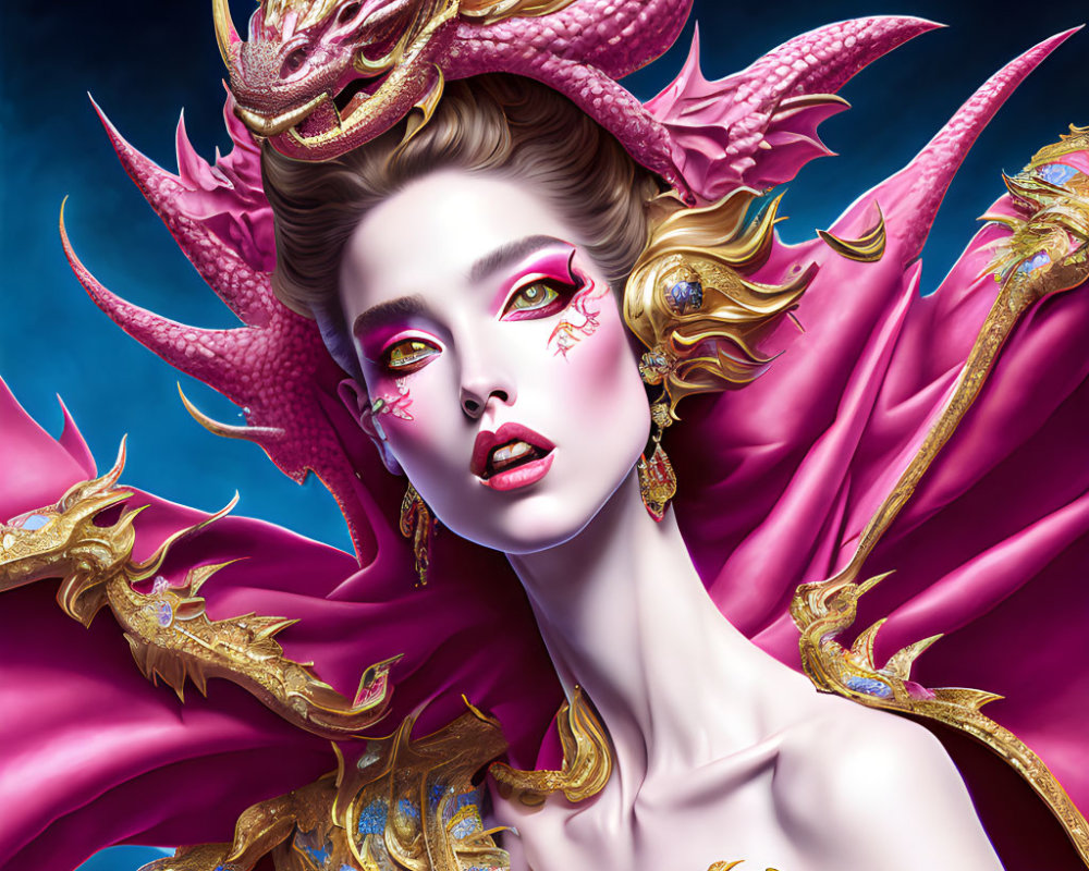 Elaborate Pink and Gold Dragon-Themed Attire Woman Portrait