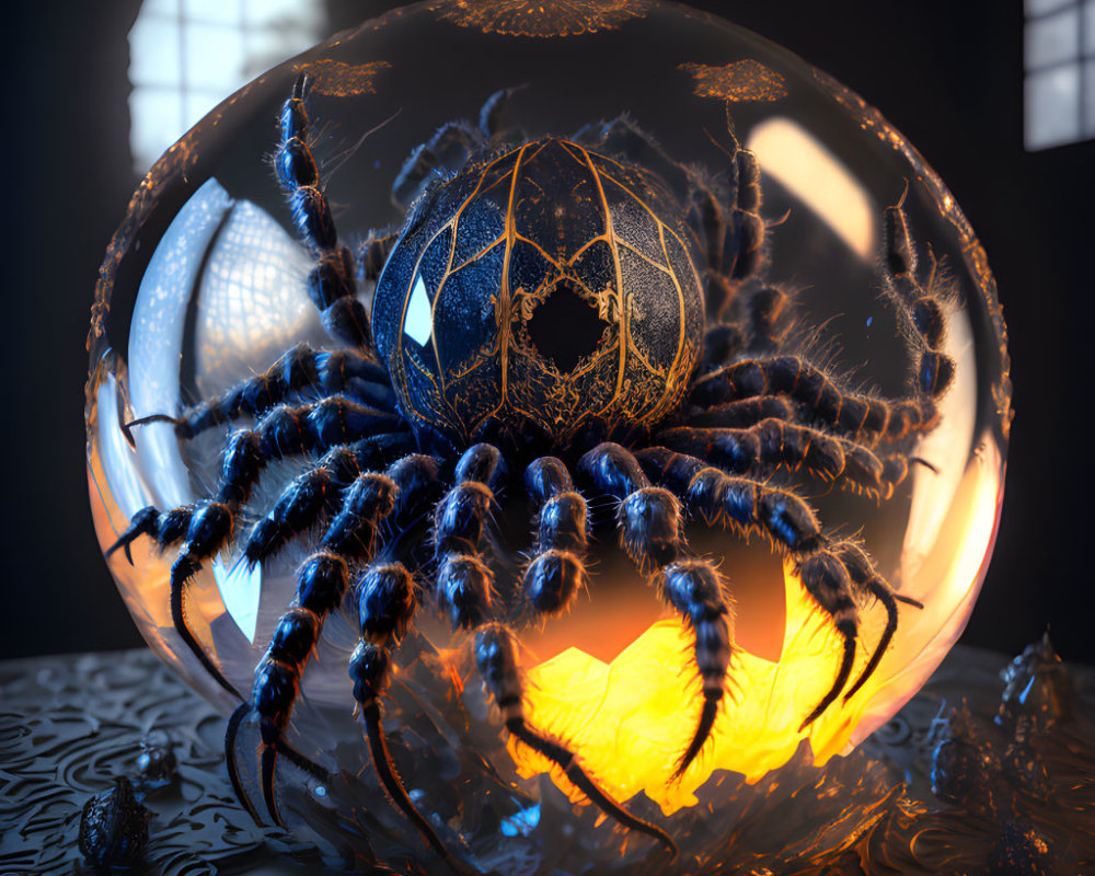 Intricate large spider on glowing orb with smaller spiders in dimly lit Gothic room