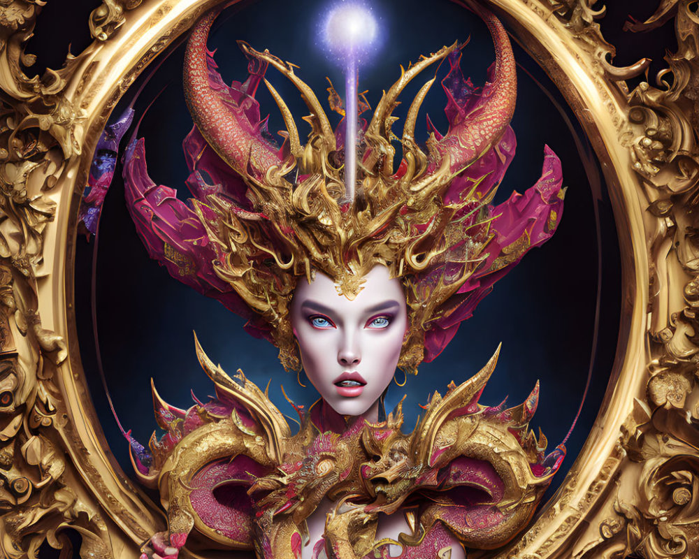 Fantastical dragon-inspired figure in ornate golden frame