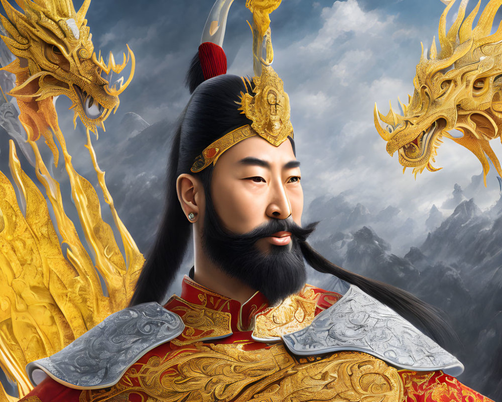 Ancient Asian warrior in golden dragon armor against mountain backdrop