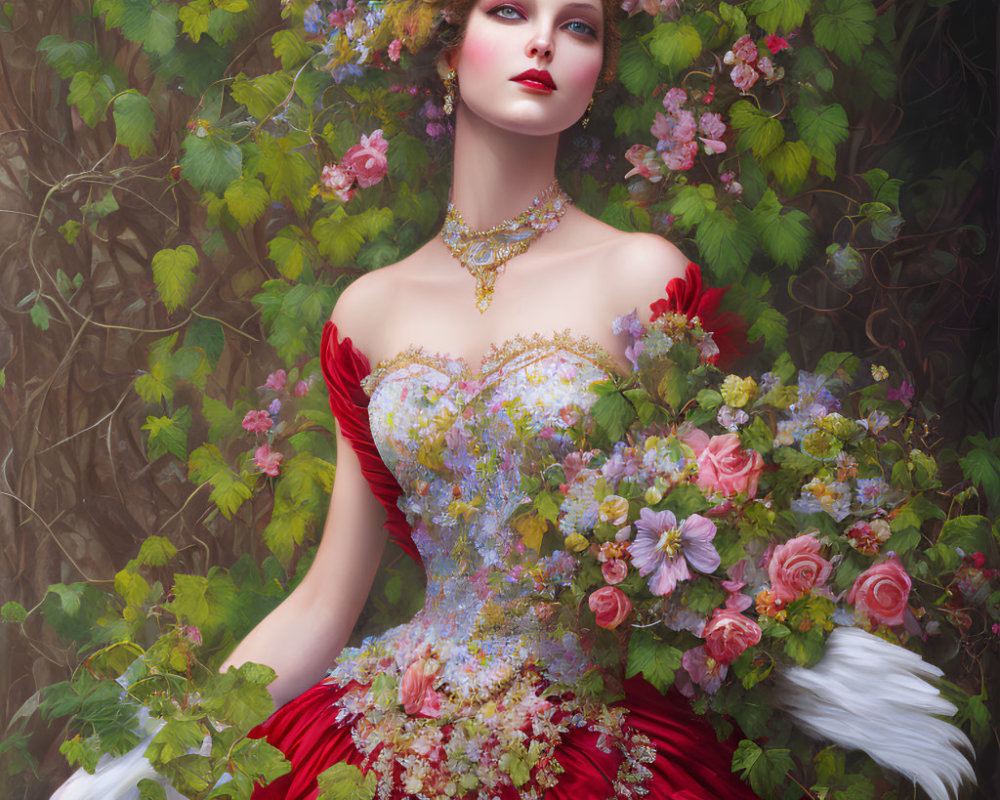 Woman in Red Floral Gown with Elaborate Headpiece in Lush Greenery