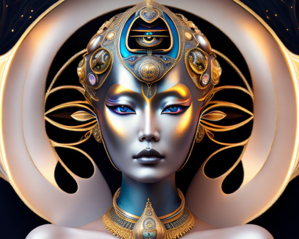 Digital Artwork: Woman with Gold and Blue Eye Motif Headgear