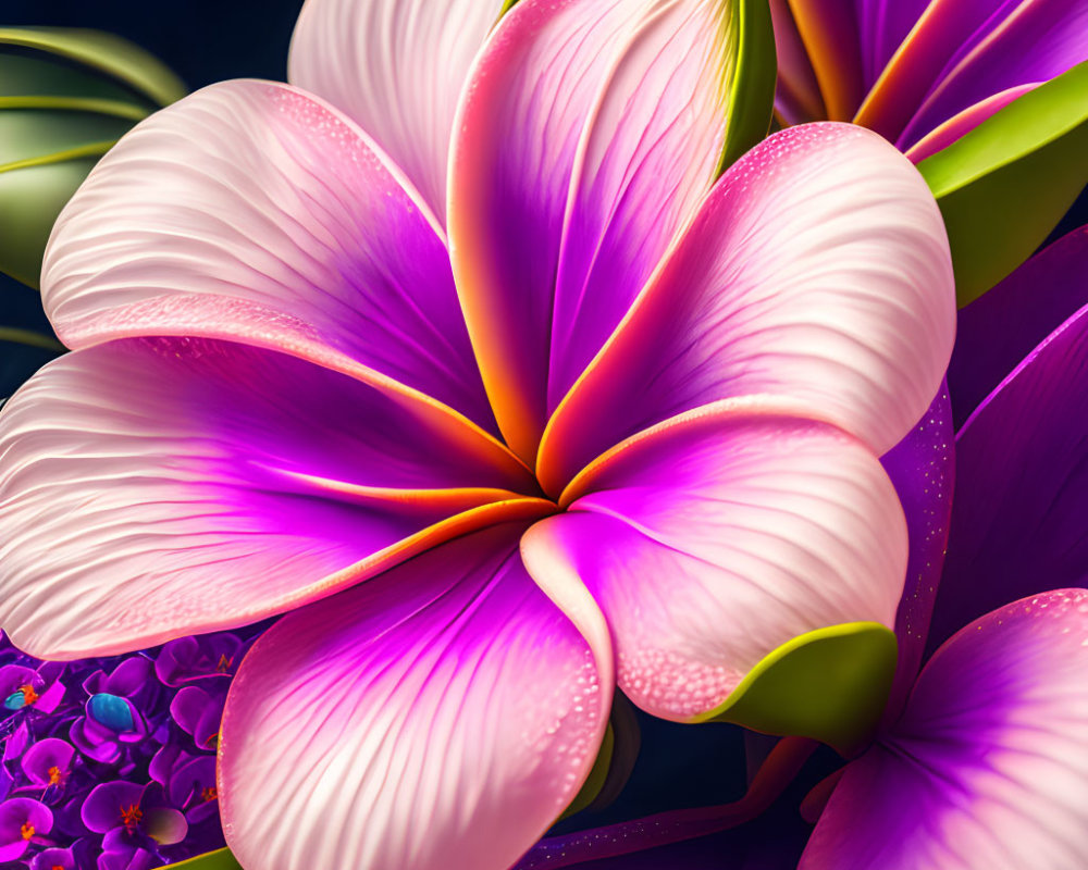 Detailed digital artwork of pink plumeria flower with dewdrops and purple foliage.