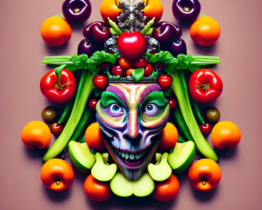 Colorful Vegetable and Fruit Face Art on Warm Background