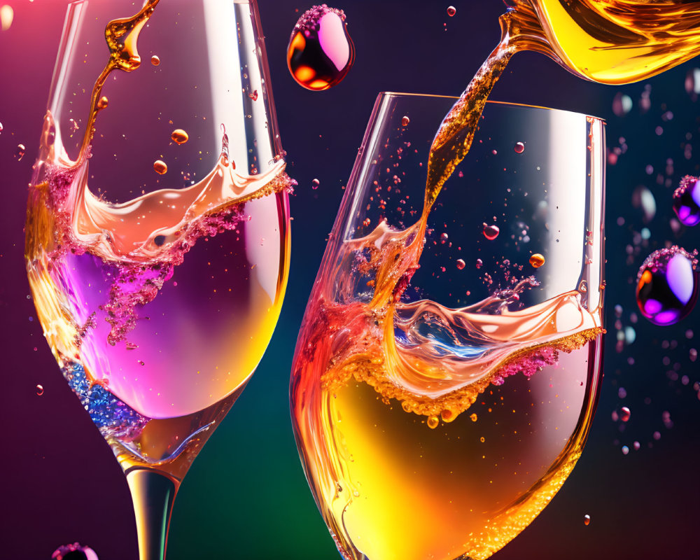 Vibrant splashing liquid in glasses on dark background