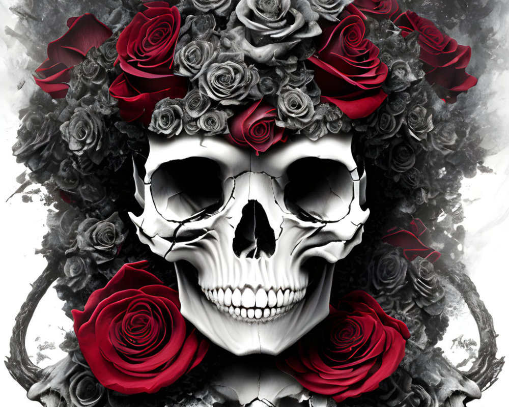 Detailed Monochromatic Skull with Black Foliage and Red Roses