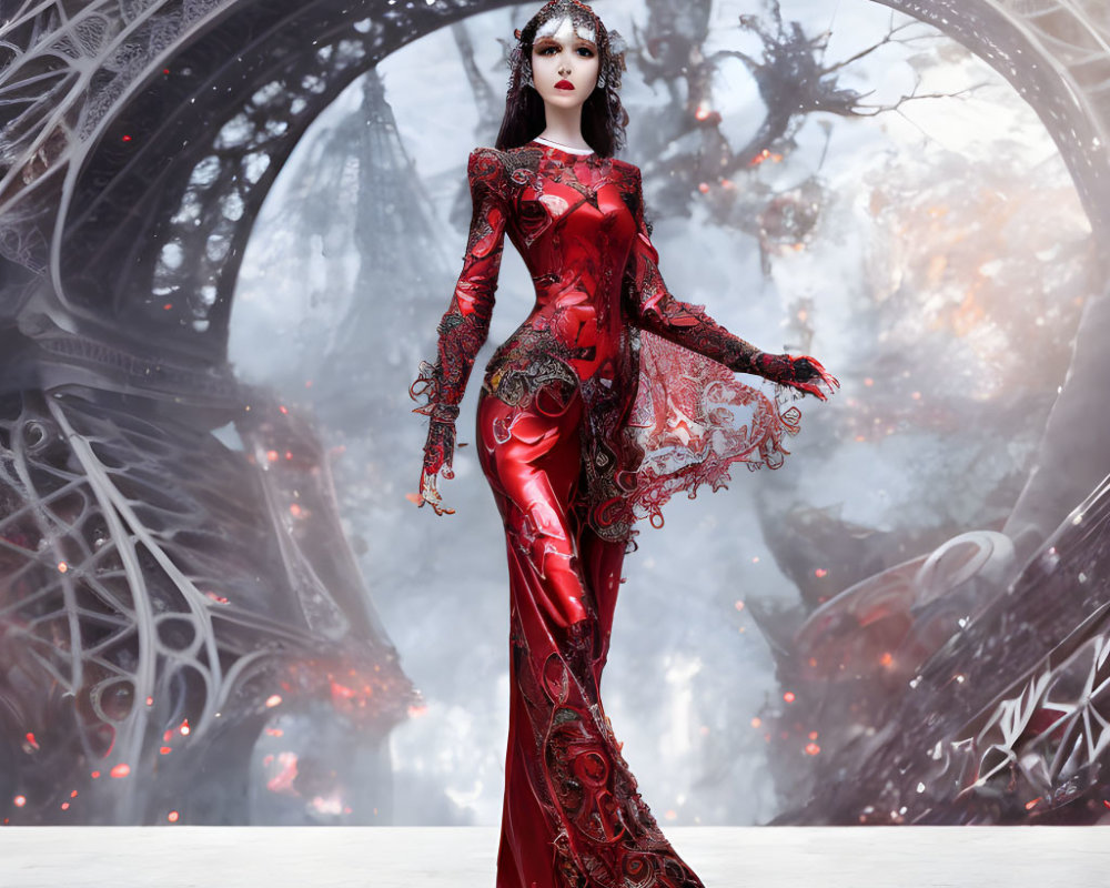 Elaborate red dress with lace and embroidery in wintry landscape