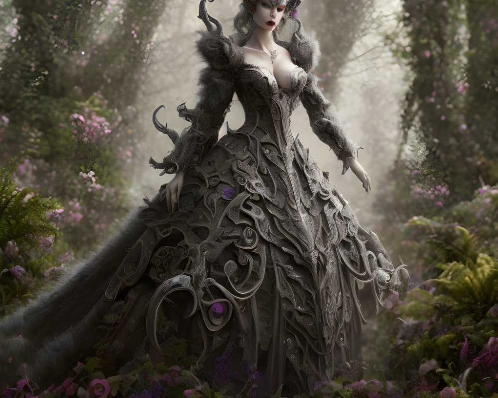 Elaborate gothic dress with horns in mystical garden