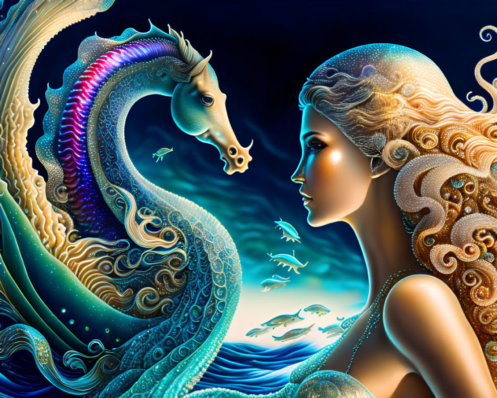 Ethereal woman with detailed hair meets majestic seahorse in vibrant artwork