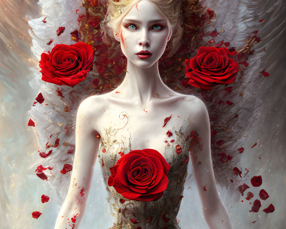 Fantasy portrait of woman with pale skin and blonde hair surrounded by red roses on white and red backdrop