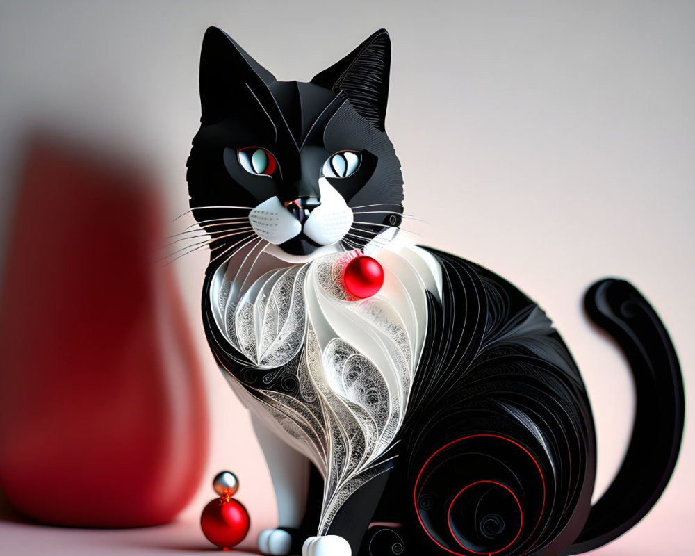 Stylized 3D Black and White Cat with Green Eyes and Red Accents