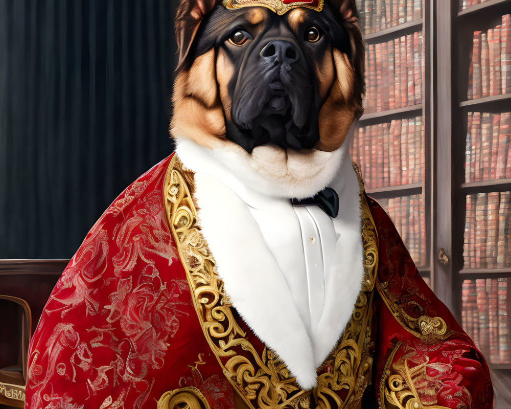 Digitally altered image: Dog in regal attire in library