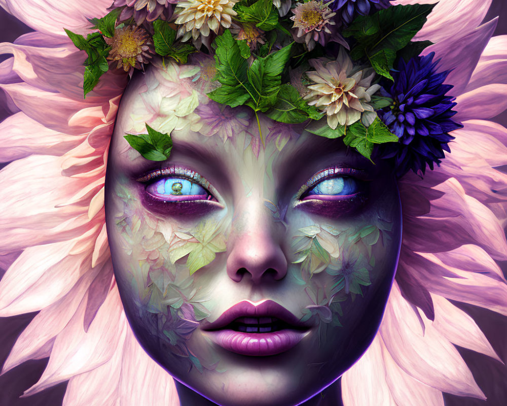 Fantasy female character with floral elements and blue eyes portrait