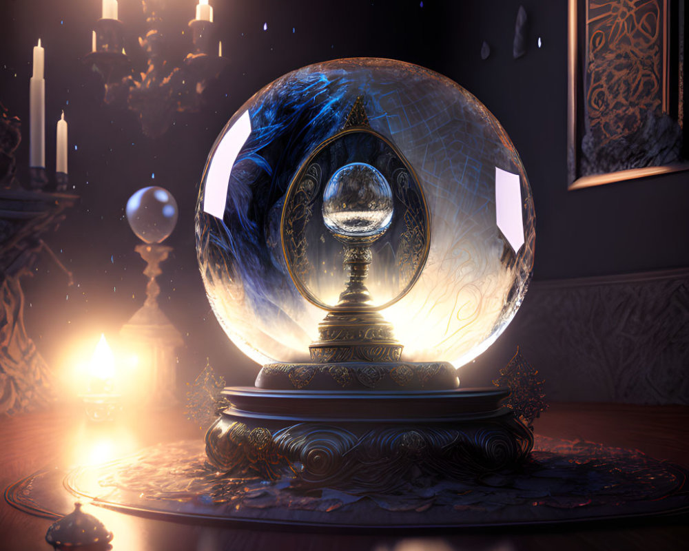 Mystical crystal ball on ornate stand in candlelit room