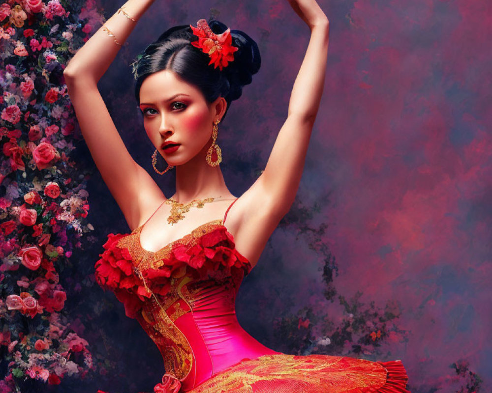 Vibrant red flamenco dress with ruffled layers on woman against floral backdrop