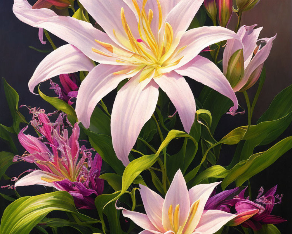 Close-up of blooming pink lilies with yellow stamens and green foliage