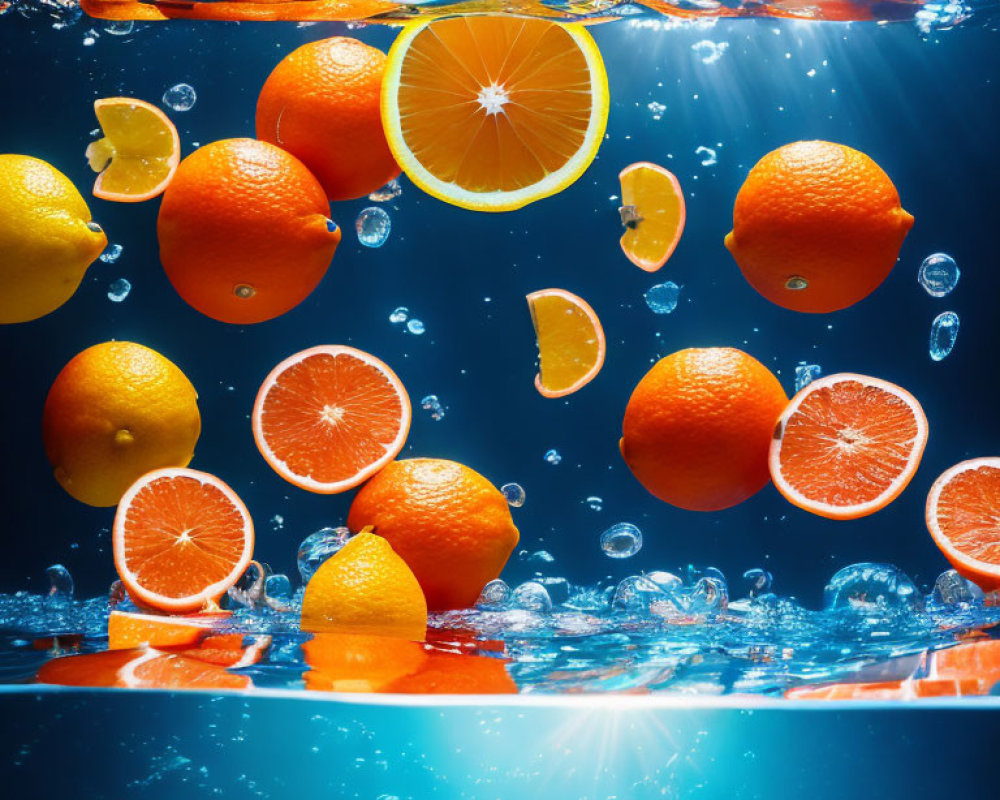 Assorted Citrus Fruits Submerged in Water with Bubbles and Light